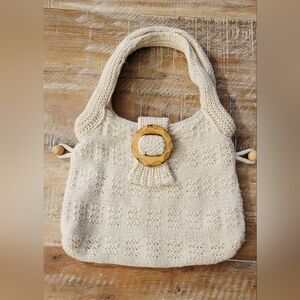 Knit Macrame Style Handbag w/ Wood Accents